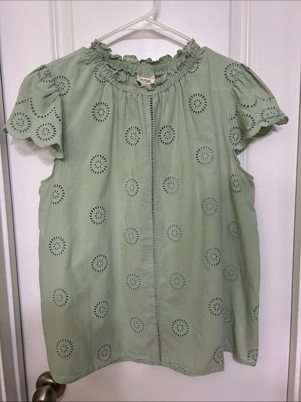a.n.a Light Sage Green Ruffled Neck eyelet Blouse large